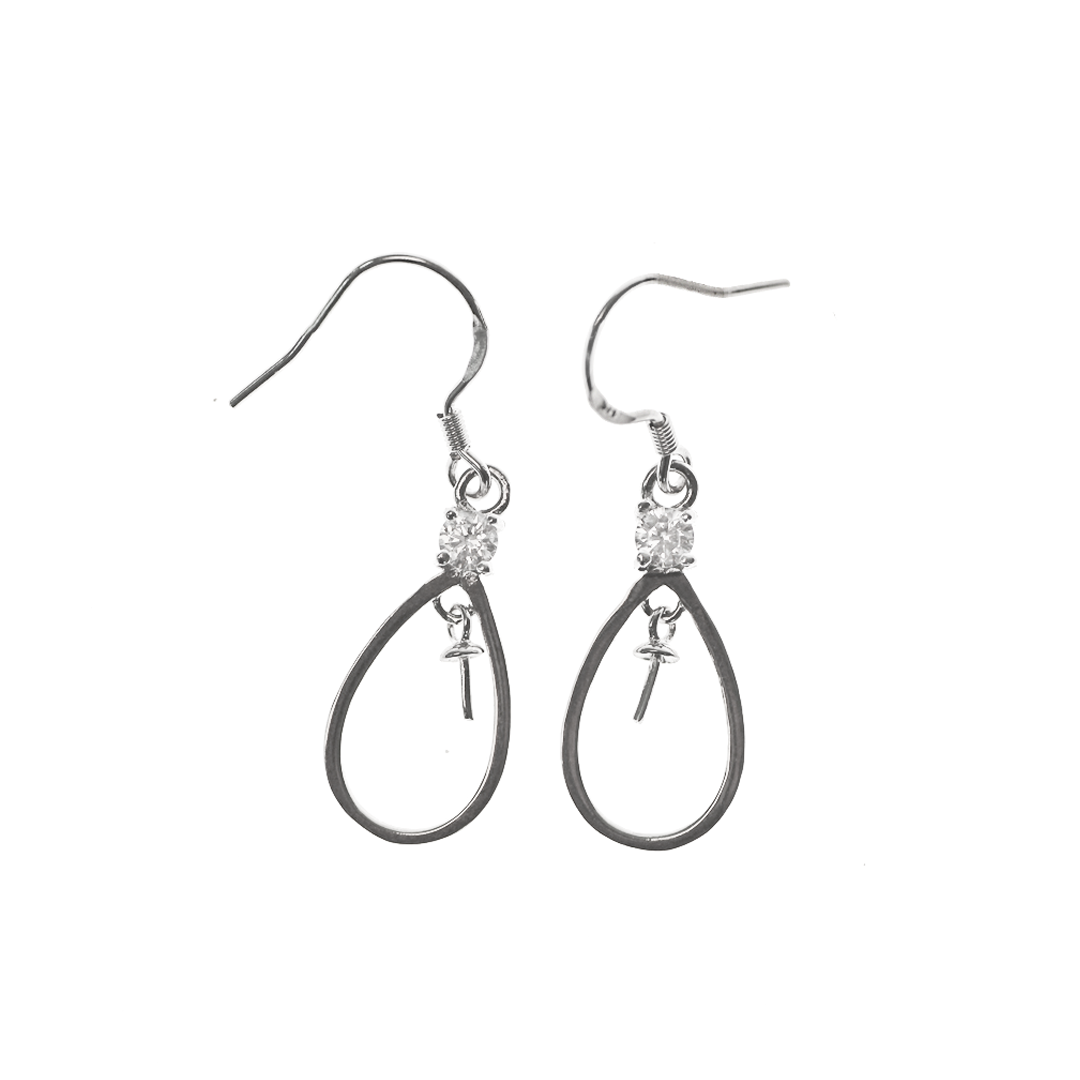 Earrings, Silver, Sterling Silver, Shepherd Hook with Cubic Zirconia and Stud Post, 35mm x 11mm, sold per pkg of 1 pair