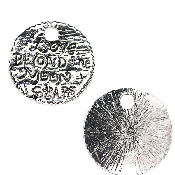 Charms, Round "Love Beyond the Moon and Star" Tag, Silver, Alloy, 37mm X 37mm, sold Per pkg of 1