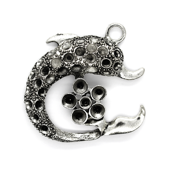 Pendants, Swirly Spotted Dolphin, Silver, Alloy, 41mm x 45mm, Sold Per pkg of 1