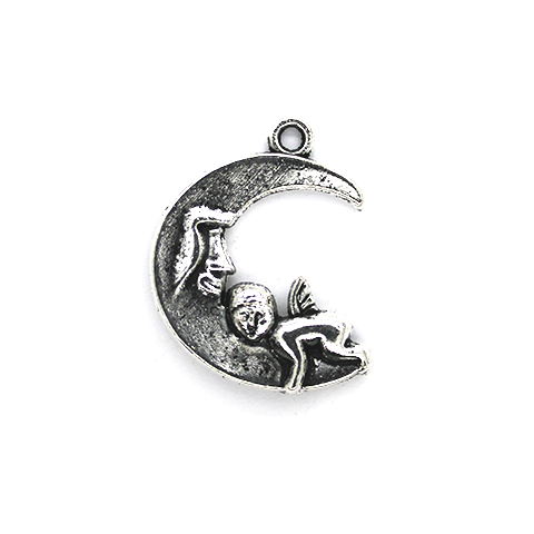 Charms, Moon and Cupid Angel, Silver, Alloy, 24mm x 19mm, Sold Per pkg 4
