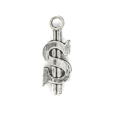 Charms, Dollar Sign, Silver, Alloy, 22mm X 8mm, Sold Per pkg of 5