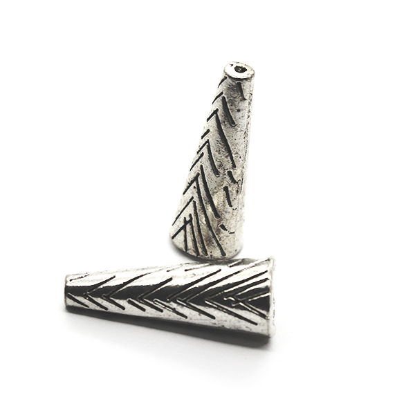 Bead Cone, Cone with Triangle Lines, Alloy, Silver, 27mm x 10mm Sold Per pkg of 3 - Butterfly Beads
