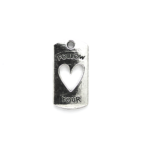 Charms, Follow Your Heart Tag, Silver, Alloy, 20mm x 10mm,  Sold Per pkg 3
