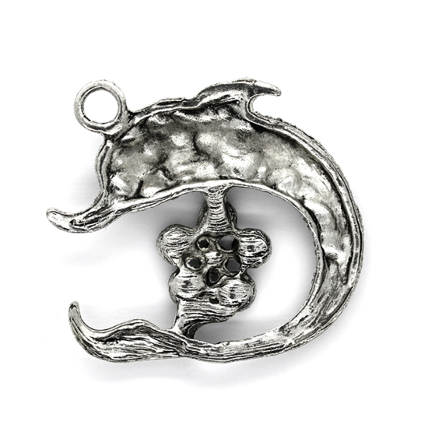 Pendants, Swirly Spotted Dolphin, Silver, Alloy, 41mm x 45mm, Sold Per pkg of 1