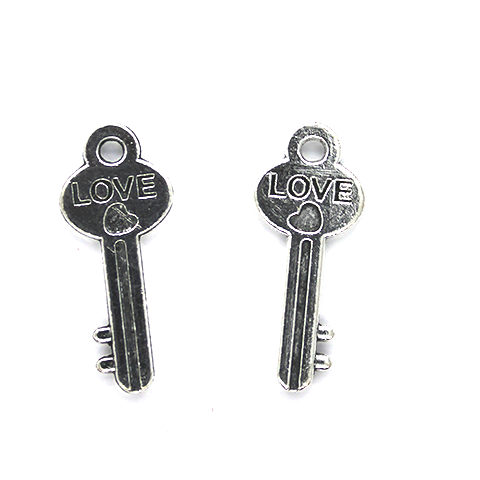 Charms, Love Key, Silver, Alloy, 25mm x 10mm, Sold Per pkg 5