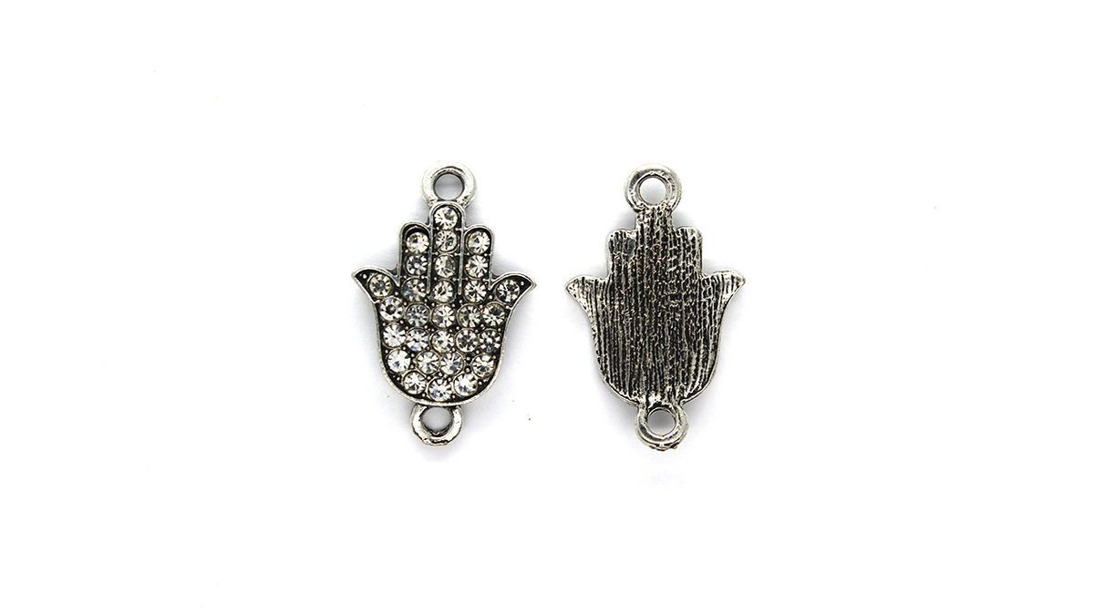 Pendants, Crystallized Hamza Hand, Silver, Alloy, 26mm x 17mm, Sold Per pkg of 2