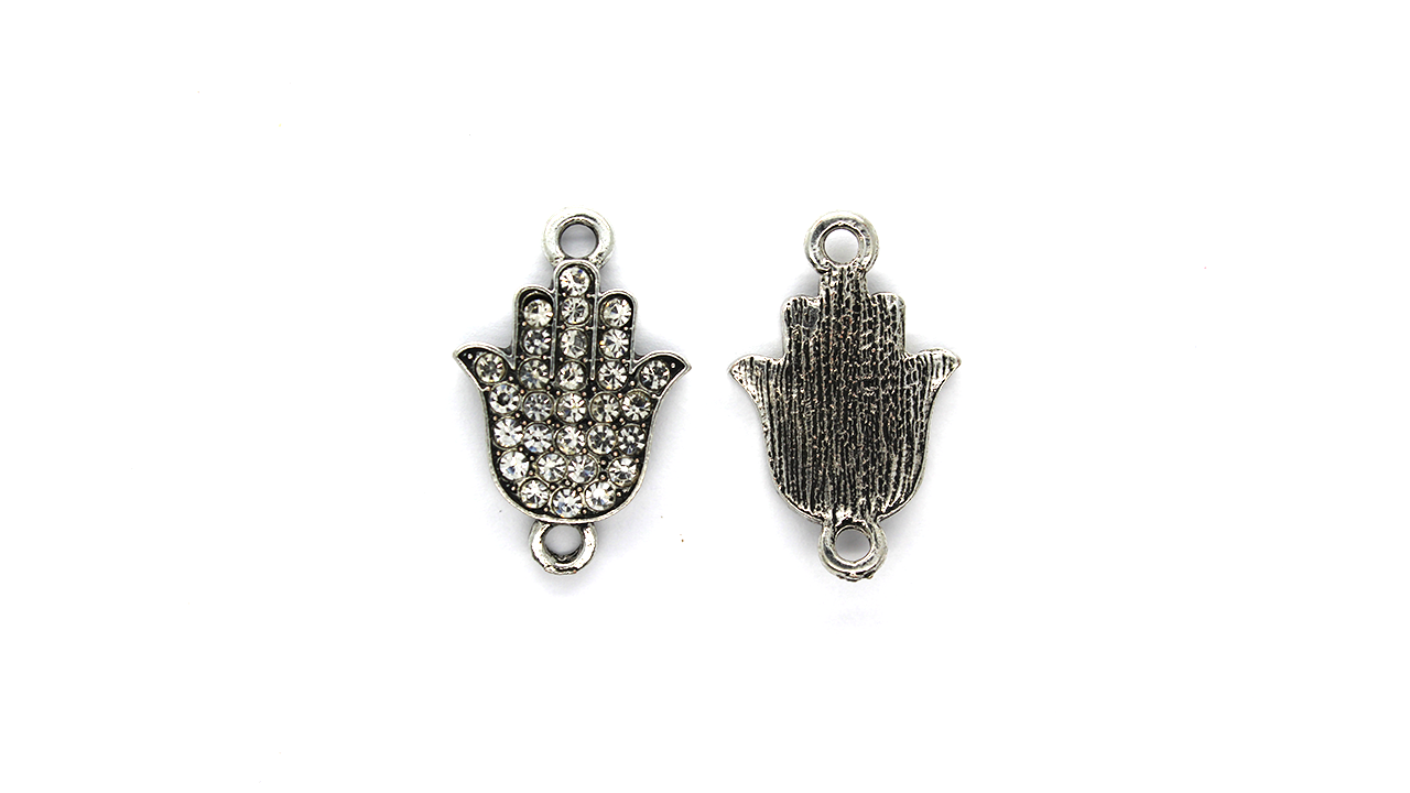 Pendants, Crystallized Hamza Hand, Silver, Alloy, 26mm x 17mm, Sold Per pkg of 2