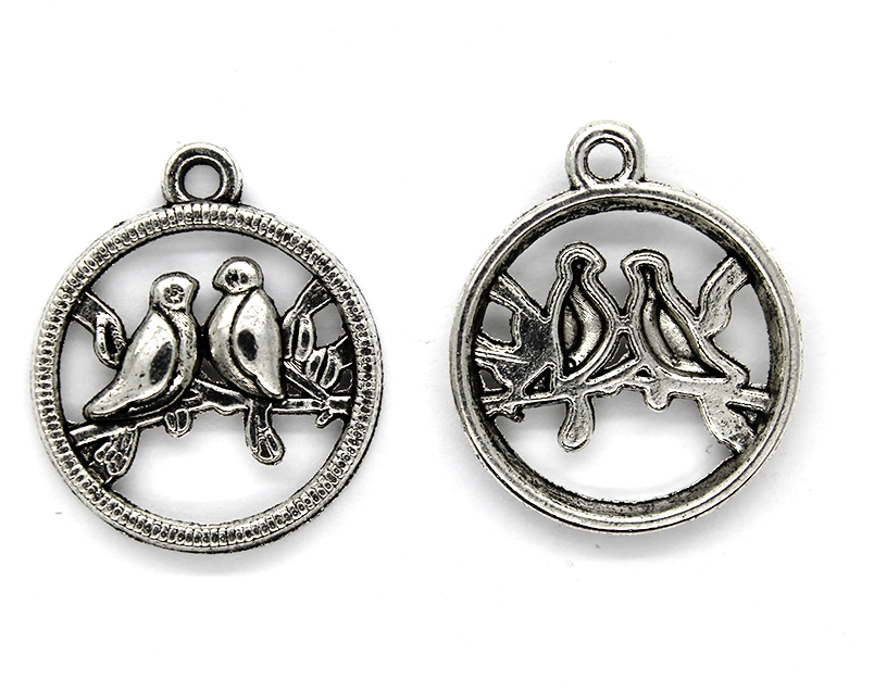 Love Birds Charm, Silver, Alloy, 23mm X 20mm, Sold Per pkg of 2