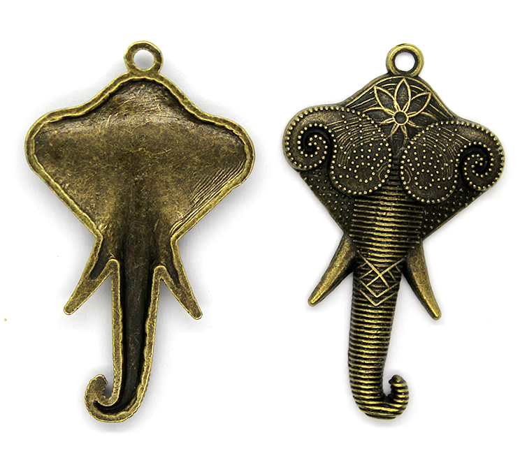 Pendants, Dotted Elephant Head, Brass, Brass Alloy, 44mm x 26mm X 2mm, Sold Per pkg of 2