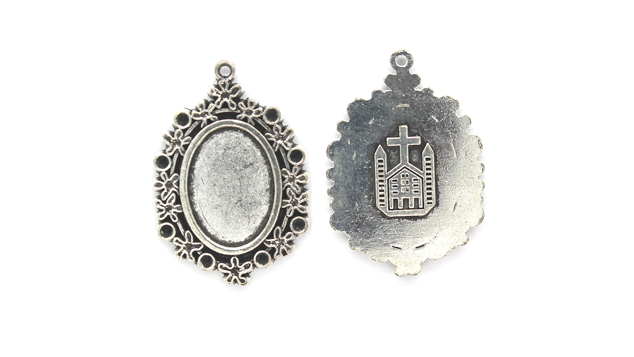 Pendants, Framed Bezel with Church, Silver, Alloy, 35mm X 24mm X 2mm, Sold Per pkg of 2