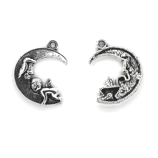 Charms, Moon and Cupid Angel, Silver, Alloy, 24mm x 19mm, Sold Per pkg 4