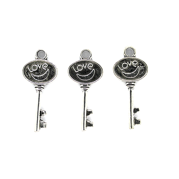Charms, Key of Love, Silver, Alloy, 12mm X 28mm, Sold Per pkg of 5