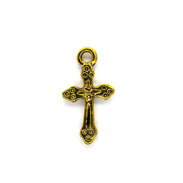 Pendant, Three Dotted Cross, Gold, Alloy, 19mm x 10mm, Sold Per pkg 5