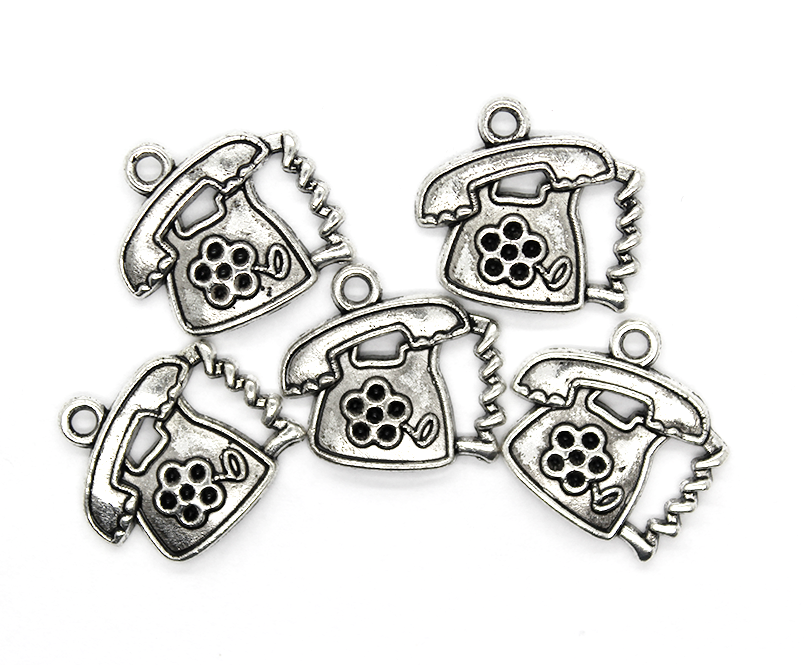 Charms, Telephone, Silver, Alloy, 17mm X 18mm, Sold Per pkg of 5
