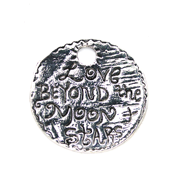 Charms, Round "Love Beyond the Moon and Star" Tag, Silver, Alloy, 37mm X 37mm, sold Per pkg of 1