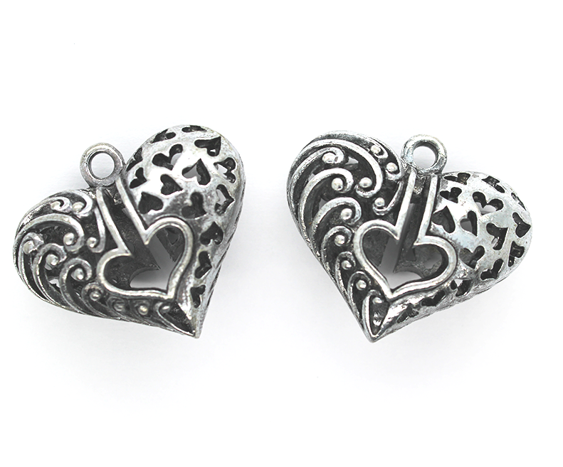 Pendants, Dual Engraved Heart, Silver, Alloy, 27mm x 30mm X 14mm, Sold Per pkg of 1