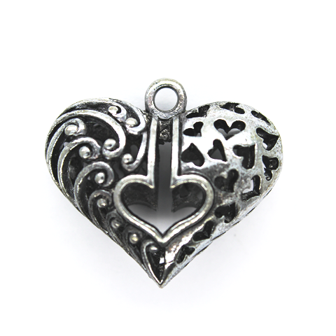 Pendants, Dual Engraved Heart, Silver, Alloy, 27mm x 30mm X 14mm, Sold Per pkg of 1