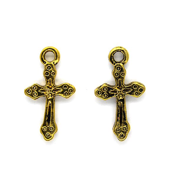 Pendant, Three Dotted Cross, Gold, Alloy, 19mm x 10mm, Sold Per pkg 5