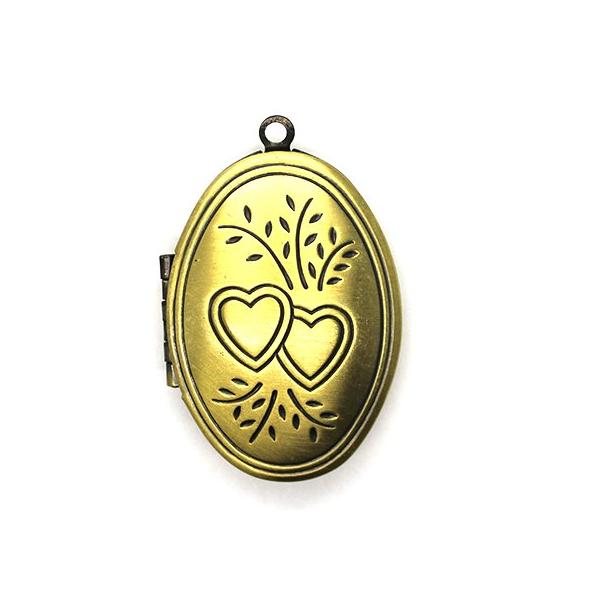 Pendant, Oval Dual Heart Locket, Brass, Alloy, 42mm x 27mm X 9mm, Sold Per pkg of 1