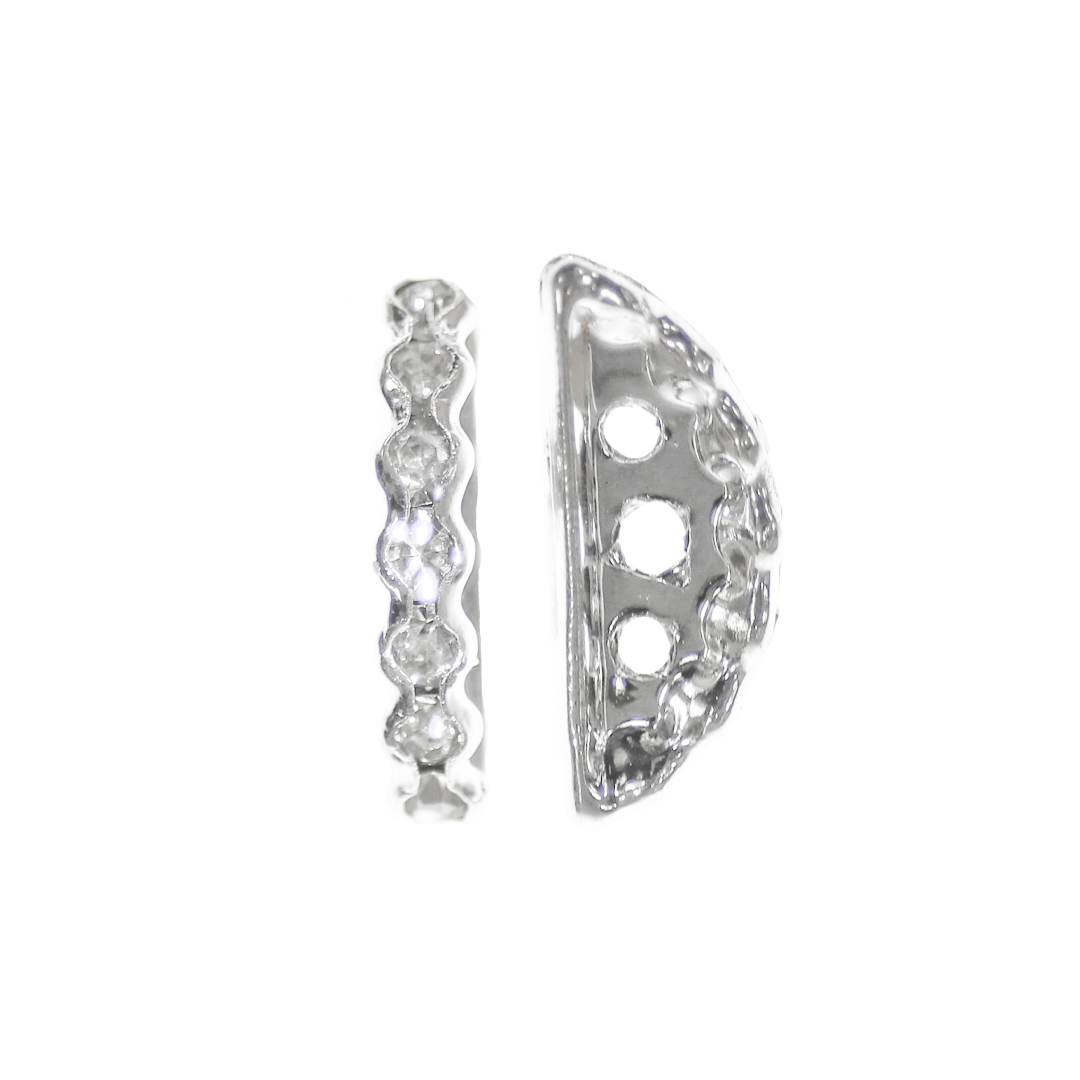Spacers, Rhinestone 3-Hole Half Moon, Alloy, Bright Silver, 8mm x 19mm, Sold Per pkg of 4