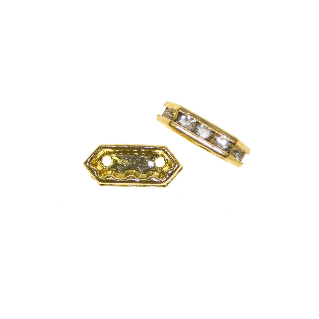 Spacers, Rhinestone 2-Hole Bar Spacer, Alloy, Gold, 6mm x 15mm x 3.5mm, Sold Per pkg of 4