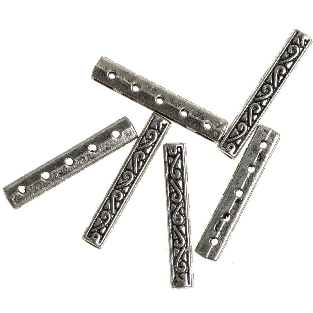 Spacers, 5-Hole Rectangle Bar Spacer, Alloy, Silver, 26mm x 4mm x 4mm, 6 pcs per bag