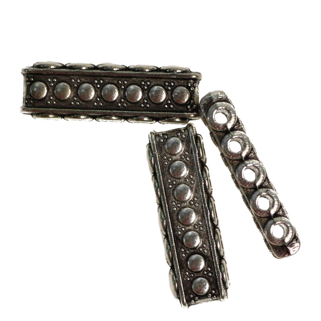 Spacers, 5-Hole Rectangle Dotted Bar Spacer, Alloy,  Silver, 23mm X 7mm X 5mm, Sold Per pkg of 3