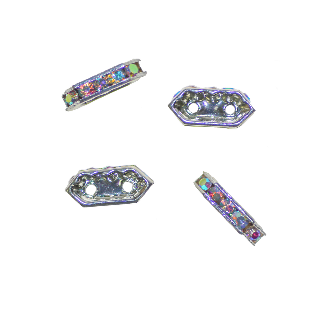 Spacers, Rhinestone 2-Hole Bar Spacer, Alloy, Bright Silver, 5mm x 11mm x 2.7mm, Sold Per pkg of 6