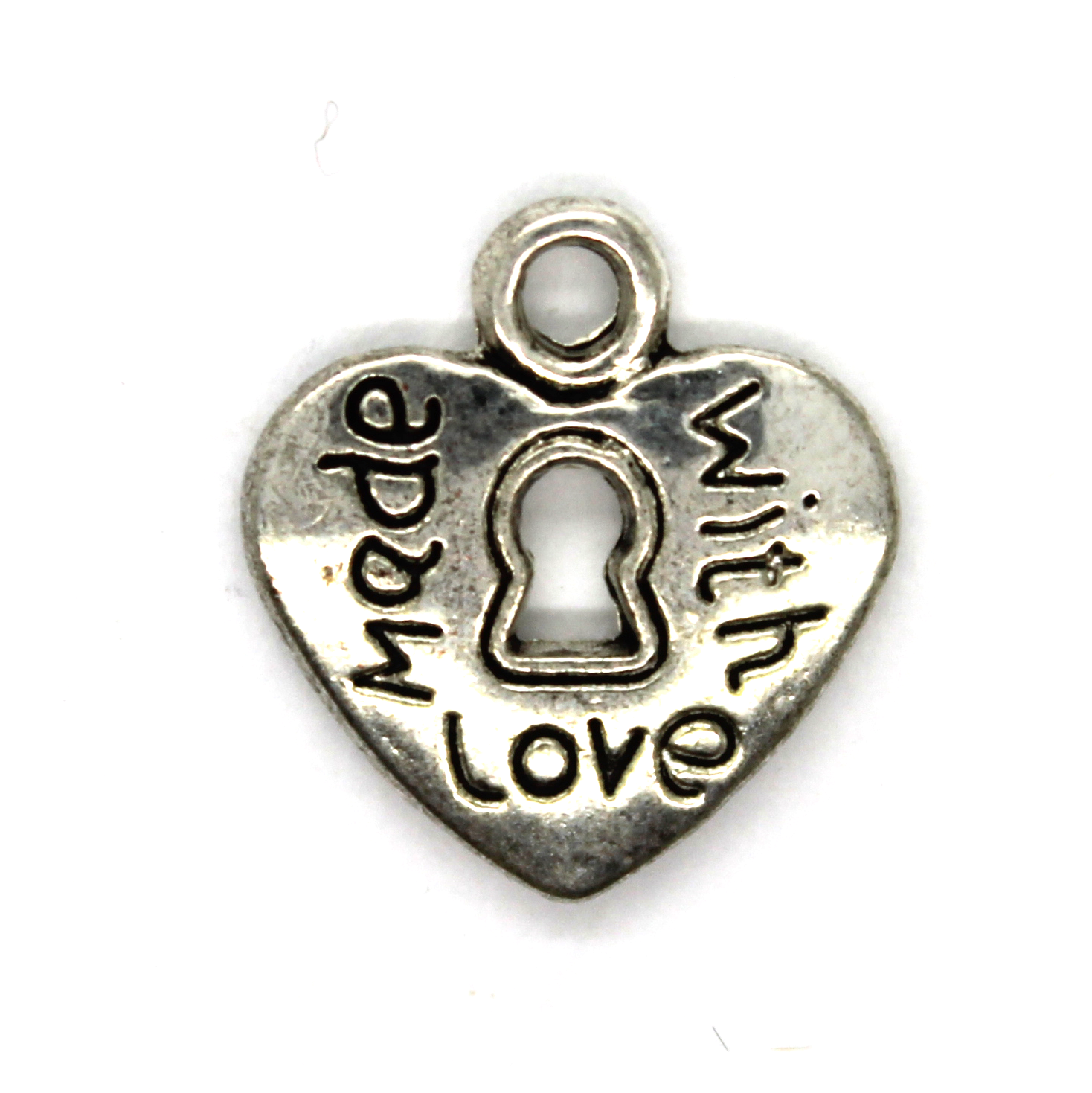 Charms, Keyhole Heart Made With Love, Silver, Alloy, 13mm X 12mm, Sold Per pkg of 6