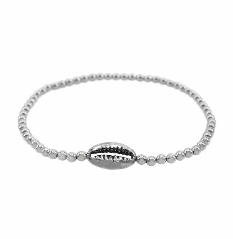 Elastic Shell Bead Bracelet, Sterling Silver, 3mm Beads, 8mm x 14mm Shell, Adjustable - 1 Pc
