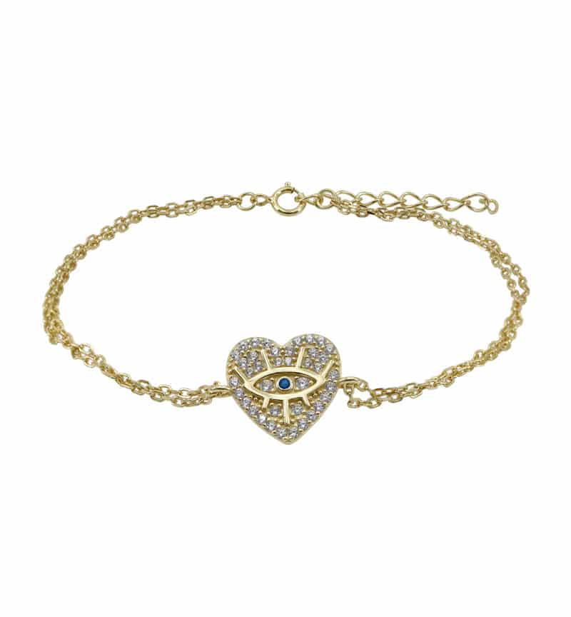 Evil Eye in Heart Bracelet, Sterling Silver with Gold, Cubic Zirconia, 7″+1″ Extension length - 1 Pc