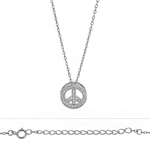 Necklace, Peace Sign, Sterling Silver with Rhodium, 16" + 2" Extension - 1pc