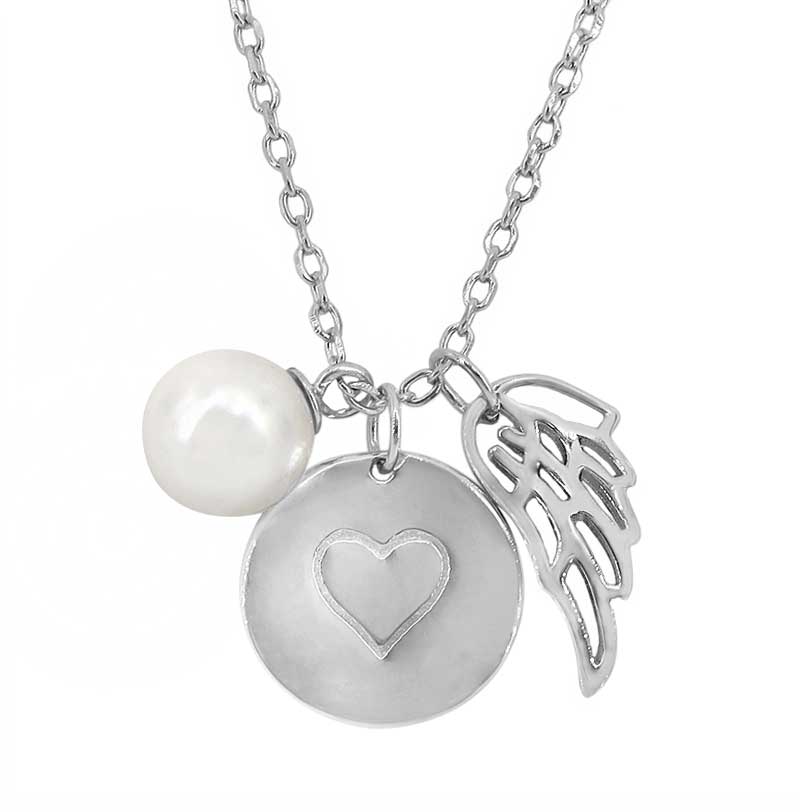 Necklace, Heart, Wing & Pearl, Sterling Silver with Rhodium, 16"+1" Extension - 1pc