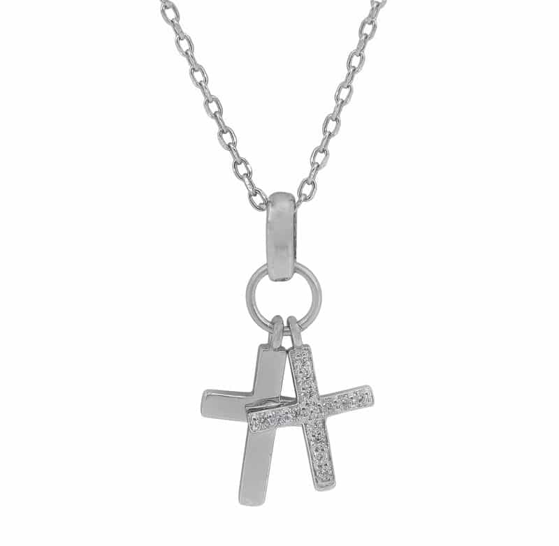 Necklace, Double Cross, Sterling Silver with Rhodium, 16"+1" Extension - 1pc