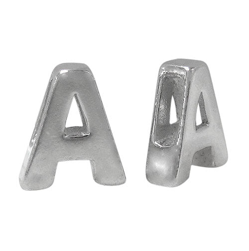 Bead, Alphabet Beads, Rhodium Plated on Sterling Silver, 8mm L x 6mm W x 3mm T
