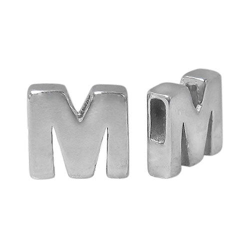 Bead, Alphabet Beads, Rhodium Plated on Sterling Silver, 8mm L x 6mm W x 3mm T