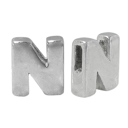 Bead, Alphabet Beads, Rhodium Plated on Sterling Silver, 8mm L x 6mm W x 3mm T