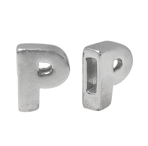 Bead, Alphabet Beads, Rhodium Plated on Sterling Silver, 8mm L x 6mm W x 3mm T