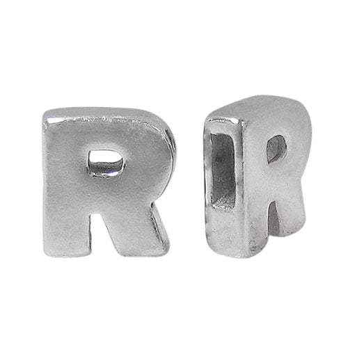 Bead, Alphabet Beads, Rhodium Plated on Sterling Silver, 8mm L x 6mm W x 3mm T