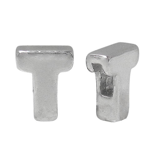 Bead, Alphabet Beads, Rhodium Plated on Sterling Silver, 8mm L x 6mm W x 3mm T