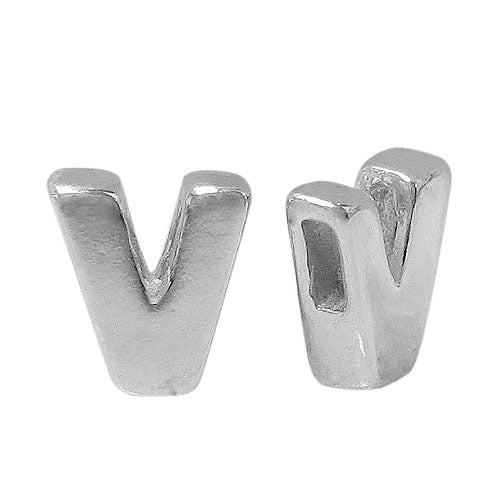 Bead, Alphabet Beads, Rhodium Plated on Sterling Silver, 8mm L x 6mm W x 3mm T
