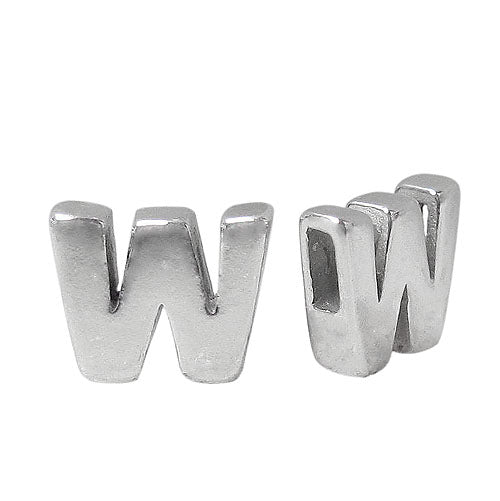 Bead, Alphabet Beads, Rhodium Plated on Sterling Silver, 8mm L x 6mm W x 3mm T