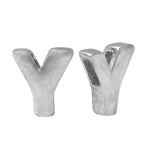 Bead, Alphabet Beads, Rhodium Plated on Sterling Silver, 8mm L x 6mm W x 3mm T