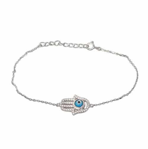 Hamsa Hand With Evil Eye Bracelet, Sterling Silver With Rhodium, Cubic Zirconia, 7″+1″ Extension (length) - 1 Pc
