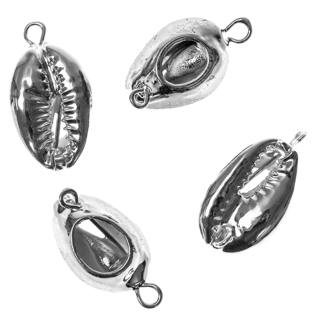 Shell Beads, Connector, UV Plated Cowrie Shell, Silver, 24mm x 13mm, Sold Per pkg of 6