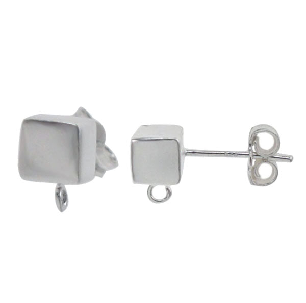 Earring, Sterling Silver, Square Studs w/loop - 4mm X 4mm - 2pc