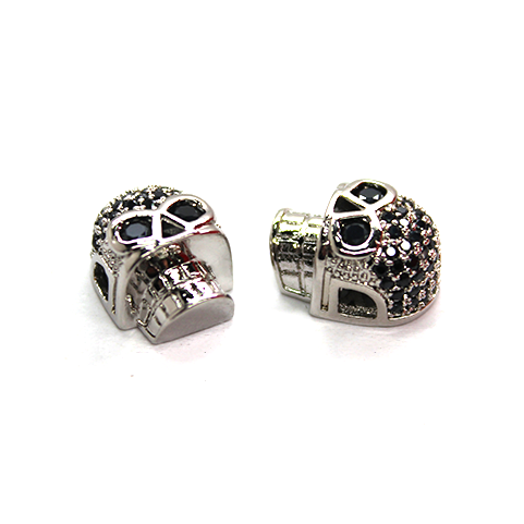 Skull Spacer Bead, Micro Pave, Black Cubic Zirconia, Silver-Plated, 12mm x 13mm, 1pc