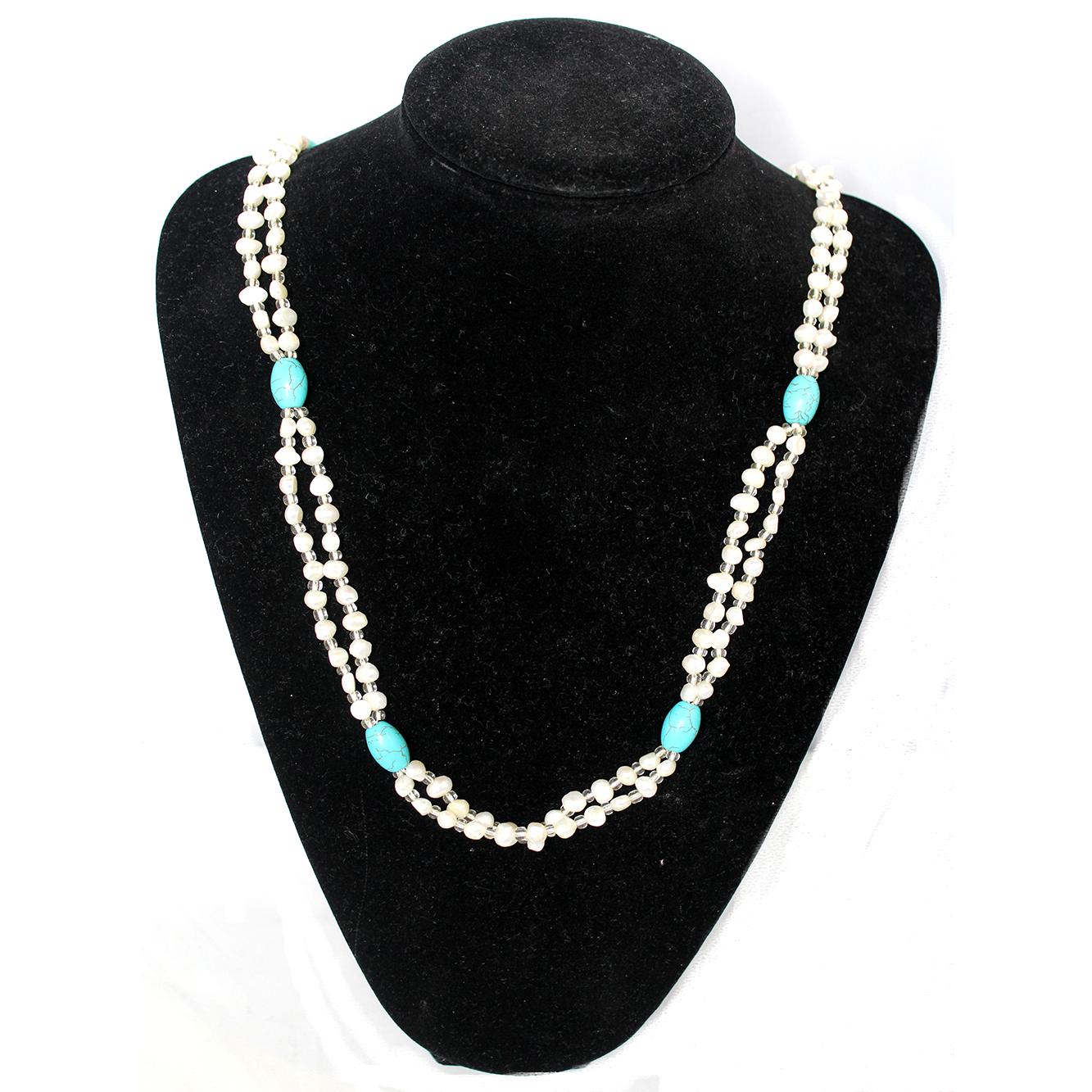 2 Strand Fresh Water Pearl Necklace with Blue Turquoise, 6 & 8mm, 31 inch - Butterfly Beads