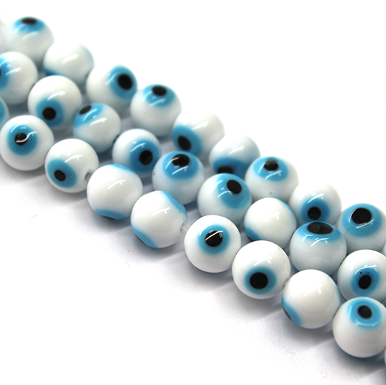 Glass Beads, White Evil Eye, 6mm, 64 pcs per strand