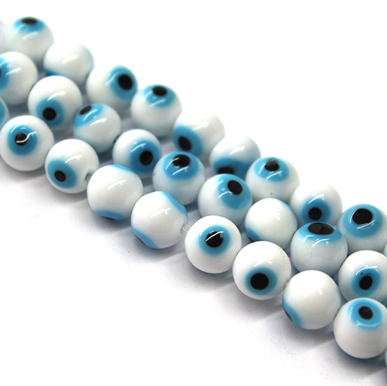 Glass Beads, White Evil Eye, 10mm, 35 pcs per strand